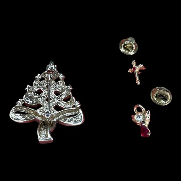 Vintage Christmas Tree Brooch & Holiday Pins Lot Red Green Rhinestone Gold Tone - Picture 7 of 13